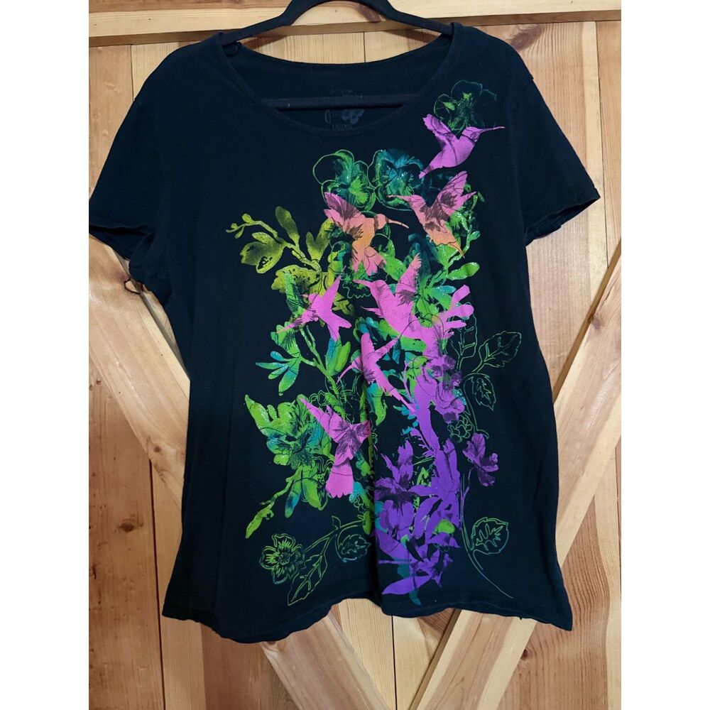 Y2k Womens 1X Black Cotton T-Shirt Neon Floral Hummingbird Graphic Whimsigoth